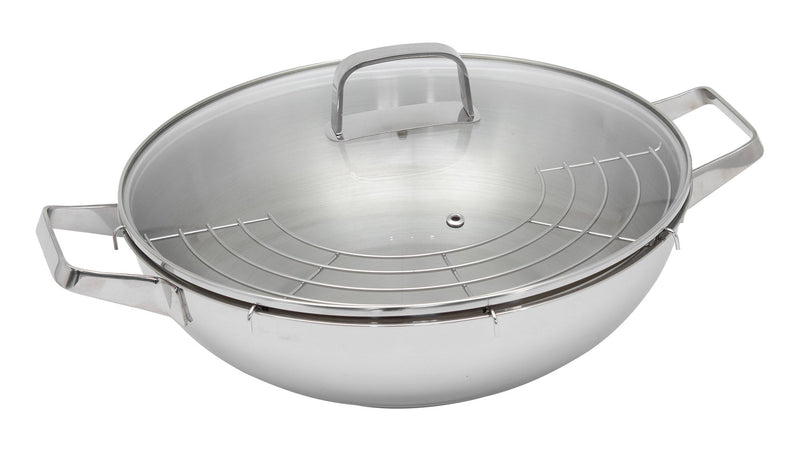Wok Padella Ø32 cm in Acciaio Inox Antiaderente Induzione con Coperchio e Griglia Collection
