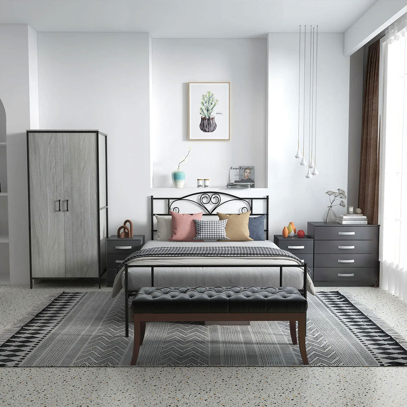 Letto Matrimoniale In Metallo VECELO 140x200 Cm Con Testiera Spessa - Struttura Letto Con Rete A Doghe, Vano Sottoletto 32 Cm, Colore Marrone