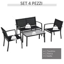 Set Salotto da Giardino Divano 2 Poltrone e Tavolino in Metallo e Tessuto Nero