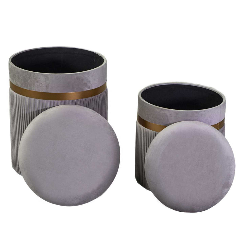 Set 2 Pouf Contenitore Ø35 cm e Ø39 cm in Tessuto Velluto Grigio