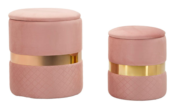 online Puff con Contenitore Sheffild Rosa Set 2 Pz Ø37x42 cm - Ø28x35 cm in Ferro e MDF e Spugna e Poliestere Rosa e Oro
