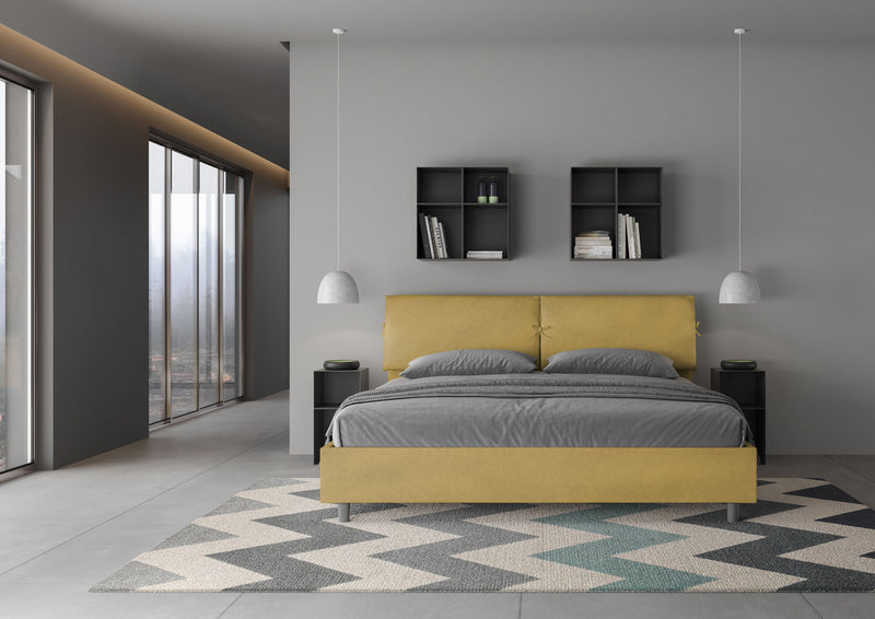 Letto Matrimoniale Testata con Cuscini Imbottito in Microfibra Mados Ocra Varie Misure