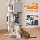 Albero Tiragraffi 60x40x200 cm con Pali in Sisal 2 Cucce 3 Casette e Amaca in Truciolare e Peluche Grigio Chiaro      