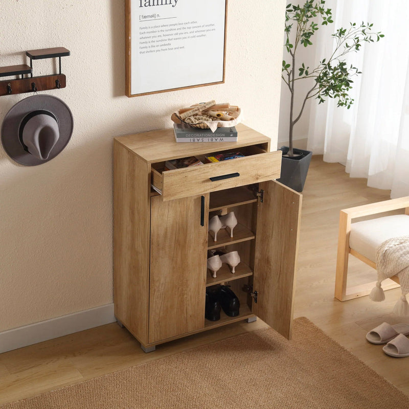 Scarpiera Mobile Salvaspazio 2 Ante 1 Cassetto 63x33x95h cm in Melaminico Venato a Rilievo Rovere Naturale