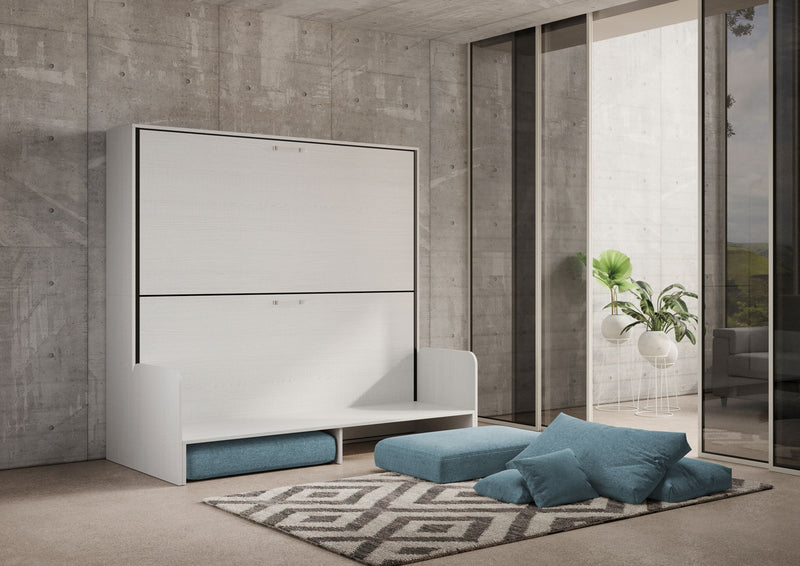 Letto Doppio A Scomparsa Kando Con Divano Con Materassi Bianco Frassino e Azzurro      