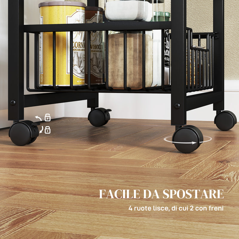 Carrello da Cucina 49,5x31x91 cm con 4 Cestini Estraibili in Acciaio e Legno Rovere e Nero  