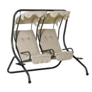 Dondolo da Giardino 2 Posti con Tettuccio Parasole e Vassoio Porta Bevande in Acciaio Beige 