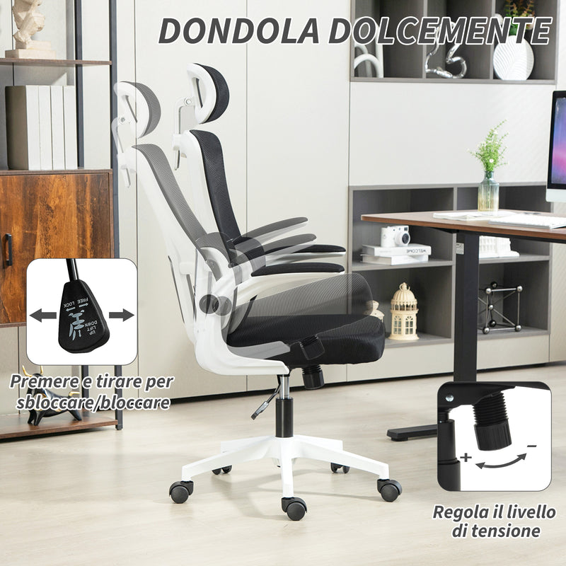 Sedia Ergonomica da Ufficio Girevole 60x59x114-122 cm con Poggiatesta Rimovibile in Tessuto a Rete Nero  