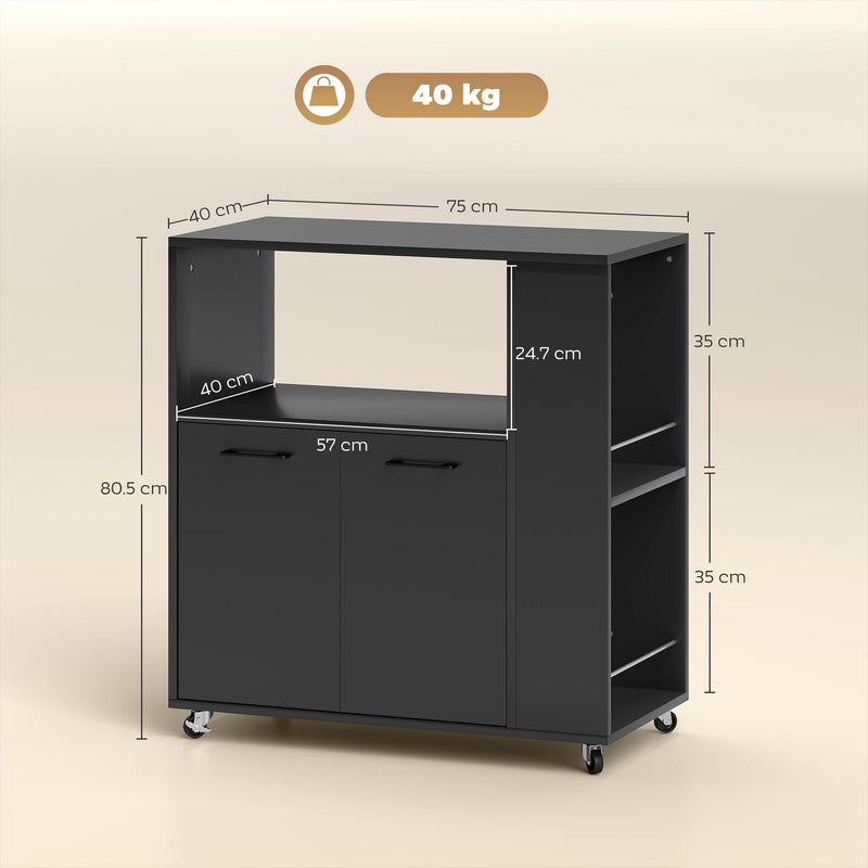 Carrello Cucina 75x40x80,5 cm con Ripiano Aperto Armadietto e Scaffale Laterale in Legno Nero      