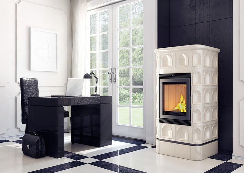 Stufa a Legna 136.5x71.5x59.8cm Flig Raleigh Crema con Piastrelle Crema