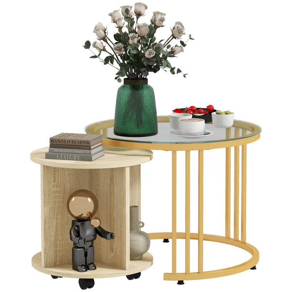 Set 2 Tavolini Impilabili Rotondi in Acciaio Vetro e Legno Truciolato Oro e Rovere sconto