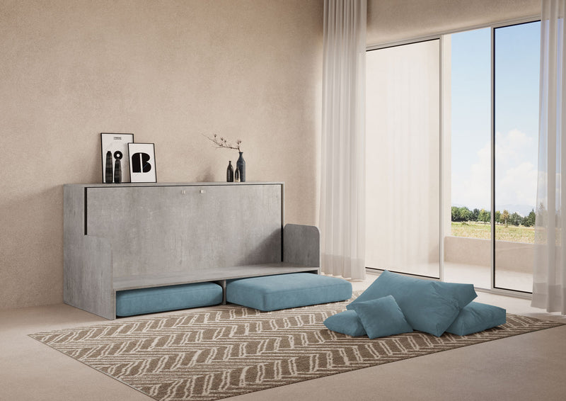 Letto Singolo A Scomparsa Kando Con Divano Con Materasso Cemento e Azzurro      