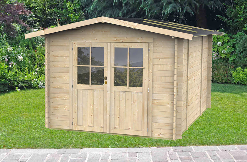 Casetta Box da Giardino per Attrezzi 215x250 cm con Porta Doppia Finestrata in Legno Naturale