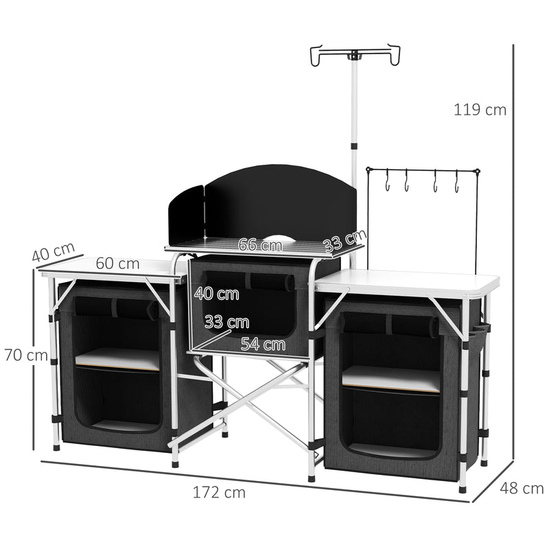 Cucina da Campeggio Pieghevole 172x48x119 cm con Ripiani e Ganci Nero   