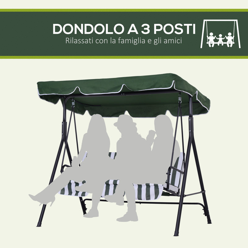 Dondolo da Giardino a 3 Posti 172x110x153 cm con Tettuccio Inclinabile e Cuscini Verde   