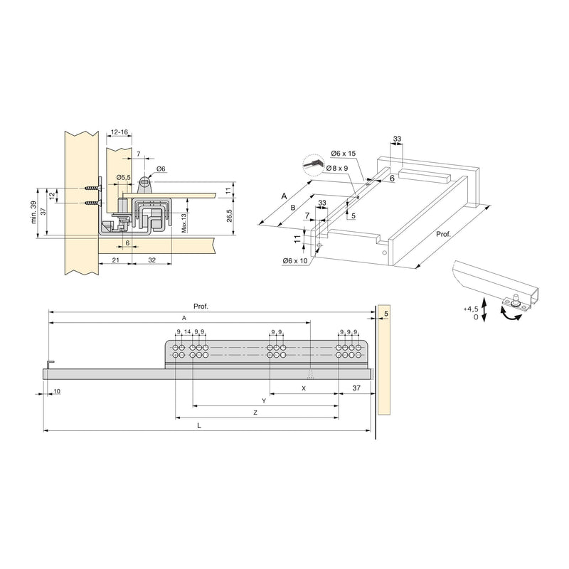 Guide a Scomparsa Slippe per Cassetti ad Estrazione Totale P440 Zincato Bianco Acciaio Emuca