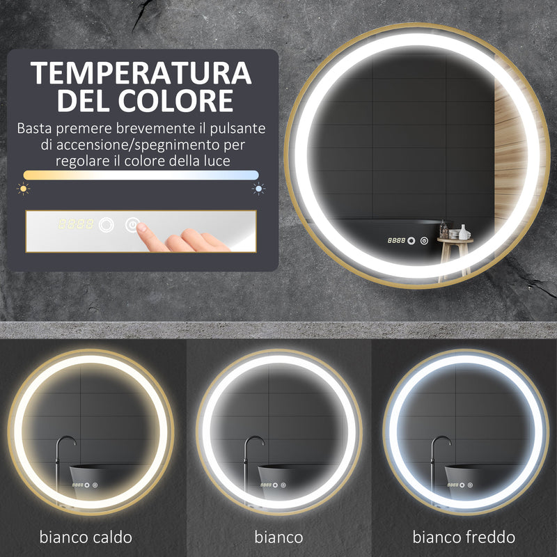 Specchio da Bagno con Luce LED 3 Tonalità e Funzione Memoria Ø60 cm Telaio in Alluminio Oro  
