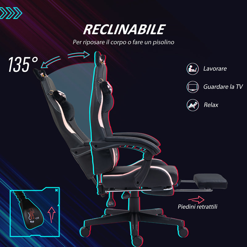 Sedia da Gaming Ergonomica con Orecchie da Gatto Poggiapiedi Retrattile e Schienale Reclinabile 135° Rosa e Nero     