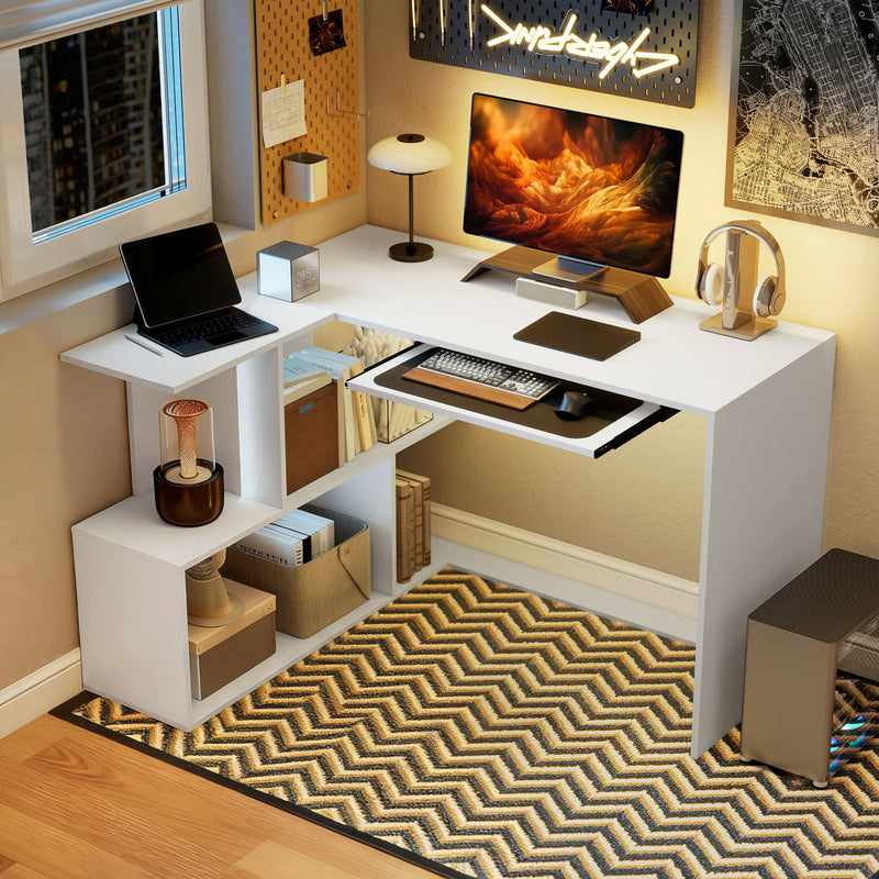 Scrivania Angolare Moderna 120x100x76 cm con Ripiano Scorrevole per Tastiera e Scaffale a 4 Ripiani Bianco      