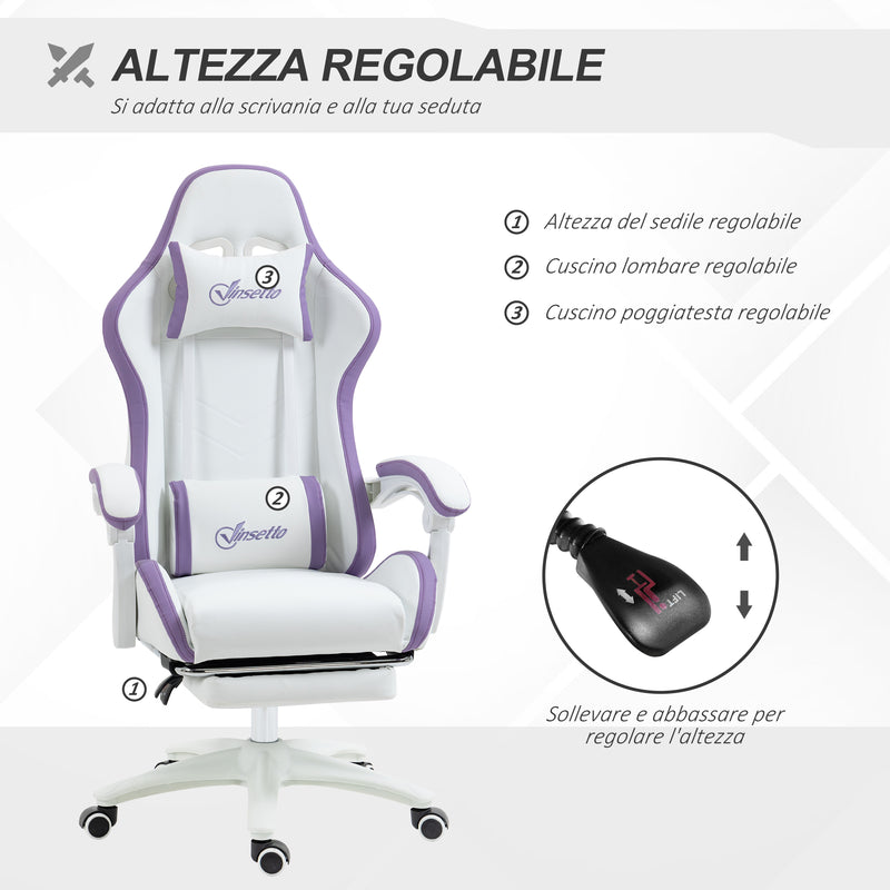 Sedia da Gaming con Schienale Reclinabile 65x65x121-129 cm in Finta Pelle PU Bianco e Viola  