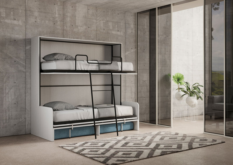 Letto Doppio A Scomparsa Kando Con Divano Con Materassi Bianco Frassino e Azzurro      