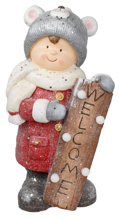 sconto Statuina Bambino Natalizio H44 cm in Resina con Cartello Welcome Luminoso