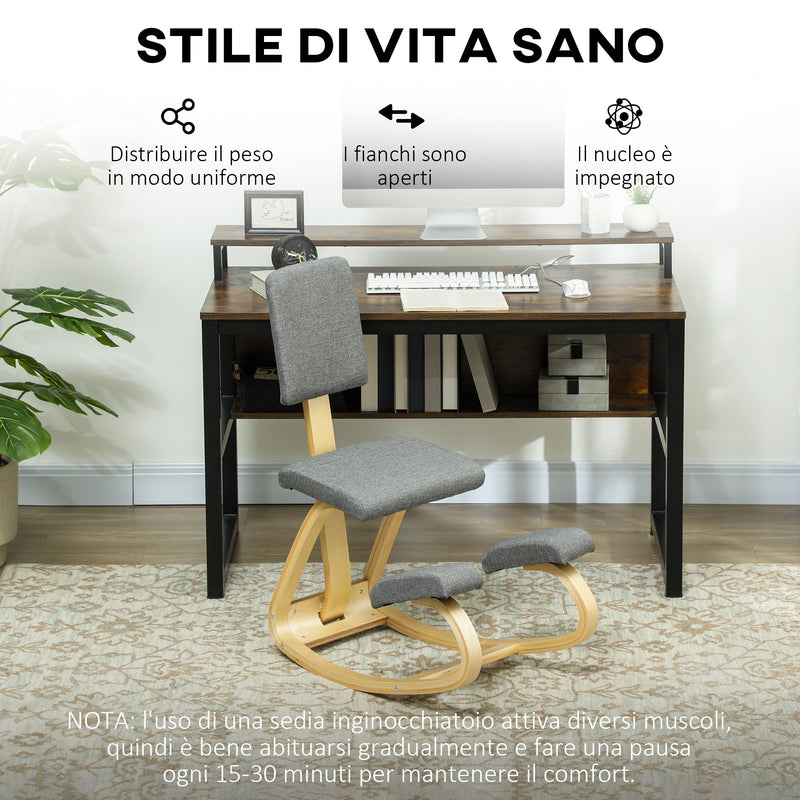 Sedia Inginocchiatoio con Movimento a Dondolo 51x84x93 cm in Tessuto Effetto Lino e Legno Grigio   