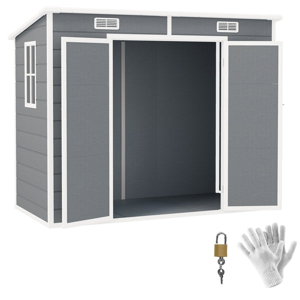 sconto Casetta Box da Giardino 240x130 cm con Pavimento 2 Porte con Blocco e Finestra in Resina Grigio