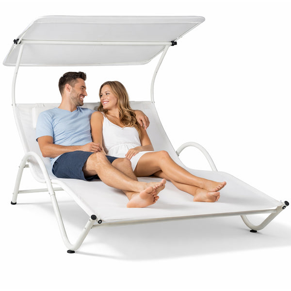 prezzo Lettino Lounge 2 Posti da Esterno 200x145x135 cm Tetto Parasole Anti UV Telaio Tubolare Bianco
