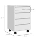 Cassettiera da Ufficio 46x40x65 cm con 4 Cassetti e Ruote con Freno in Legno MDF Bianco      