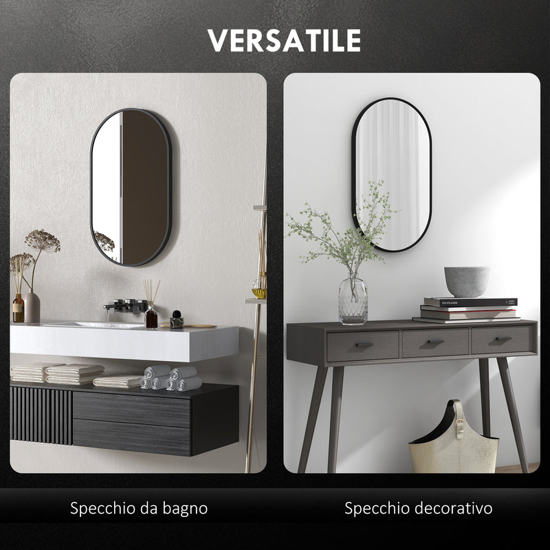 Specchio da Bagno Ovale da Parete 60x90 cm con Cornice in Alluminio Nero   