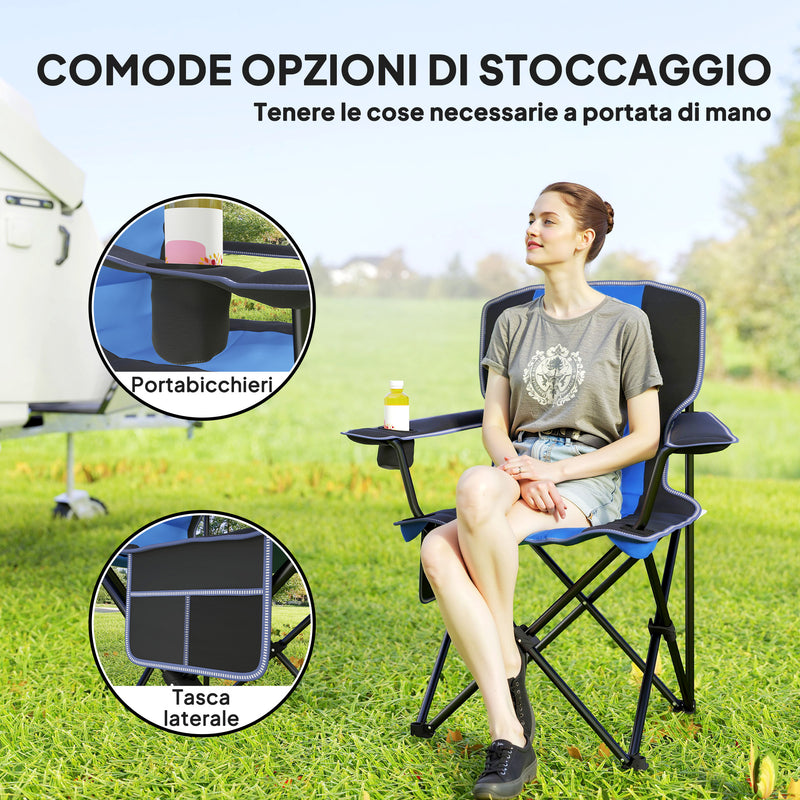 Sedia da Campeggio Pieghevole con Tasca e Portabicchieri Blu    