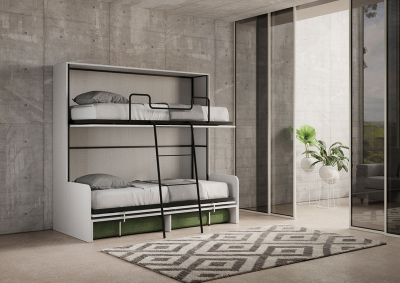 Letto Doppio A Scomparsa Kando Con Divano Con Materassi Bianco Frassino e Verde      