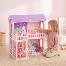 Casa delle Bambole per Bambini 3-6 Anni 64x40x69 cm a 2 Piani con 11 Mobili e 2 Bambole in MDF e Legno di Pino Rosa      