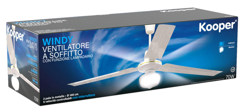 Ventilatore da Soffitto 3 Pale e Lampada Ø140 cm 5 Velocità Kooper Bianco