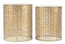 Tavolinetti Coppia Oblin Ø41x50-37,5x47 cm in Ferro MDF e Vetro Oro