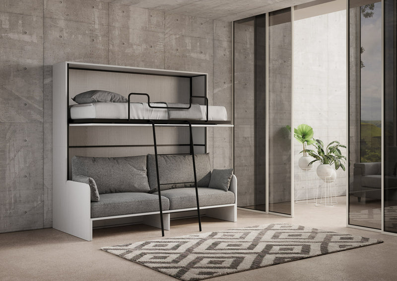 Letto Doppio A Scomparsa Kando Con Divano Con Materassi Bianco Frassino e Grigio      