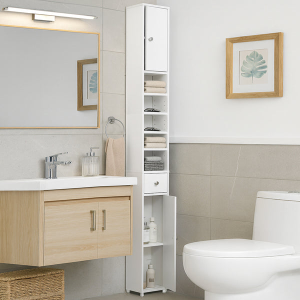 online Mobile Bagno a Colonna Slim 20x20x180 cm con 2 Ante 1 Cassetto 5 Ripiani in Legno Bianco
