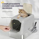 Lettiera per Gatti Chiusa 60,4x40,4x41,8 cm con Coperchio 2 Ingressi Paletta e Sacchetto Deodorante in Acciaio Inox e PP Grigio Chiaro      