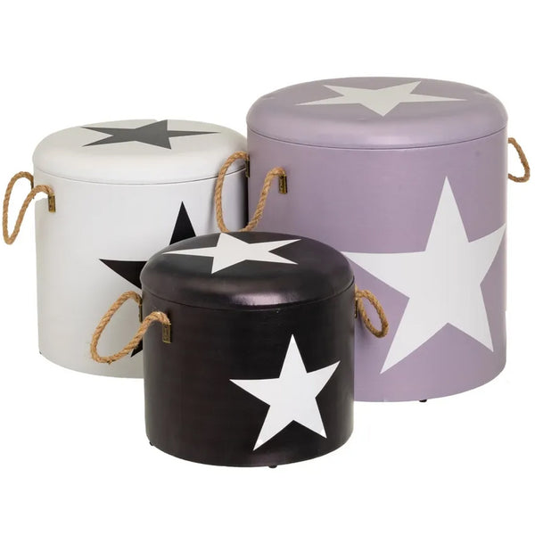 Set 3 Pouf Bauli Contenitori Star Poggiapiedi Capiente con Coperchio Rimovibile in Similpelle Nero Grigio Bianco sconto