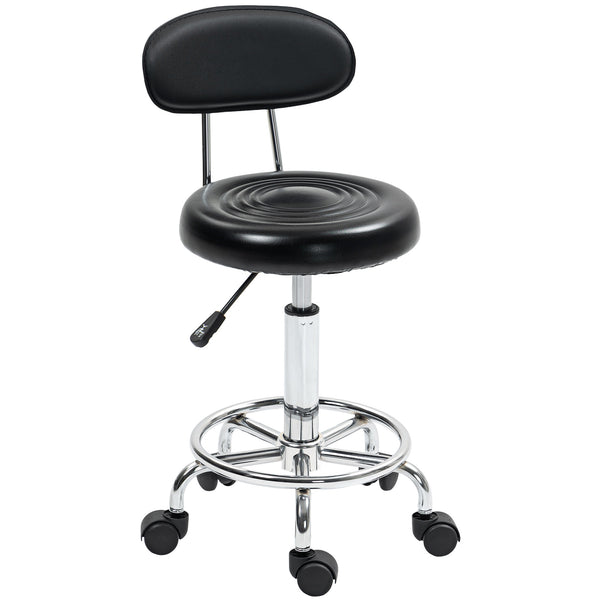 Sgabello Regolabile Girevole a 360° con Schienale 32x40x70-86 cm Ruote e Poggiapiedi in Acciaio Finta pelle e Schiuma Nero online