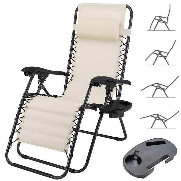 Sedia Sdraio Lettino da Giardino a Gravità Zero Pieghevole con Vassoio in Acciaio e Texilene Beige online