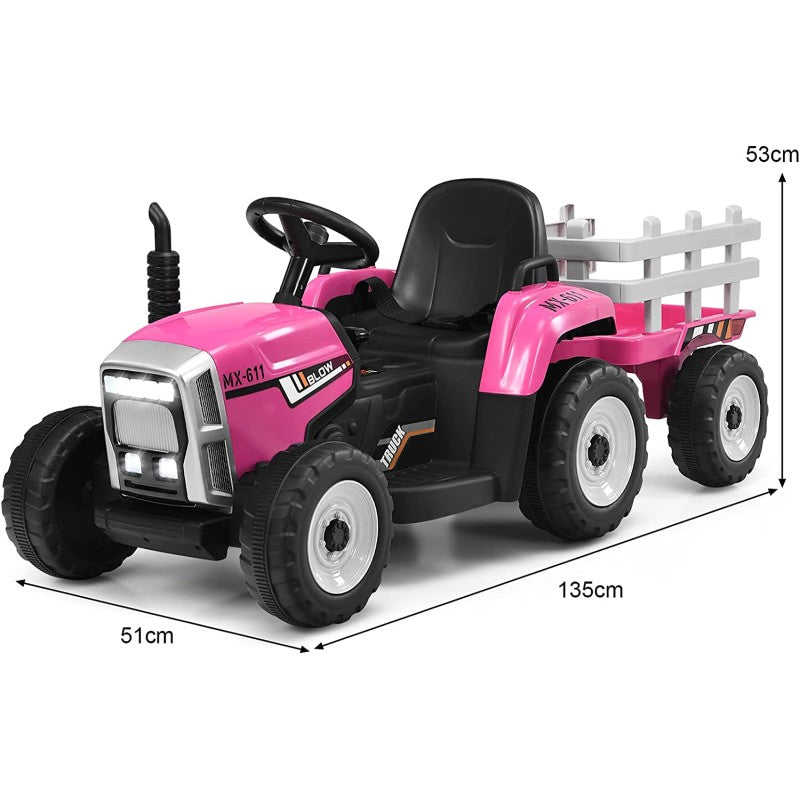 Trattore Elettrico per Bambini 12V con Rimorchio Rosa