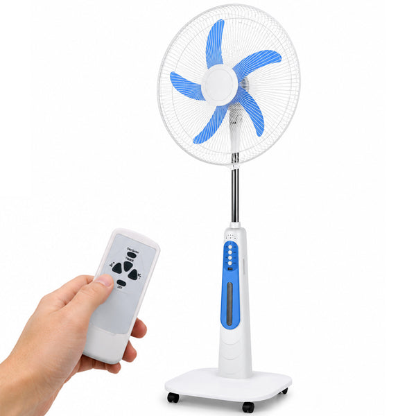 acquista Ventilatore a Piantana Ricaricabile Ø45 cm con Telecomando e 4 Velocità 55W con Ruote Bianco e Blu
