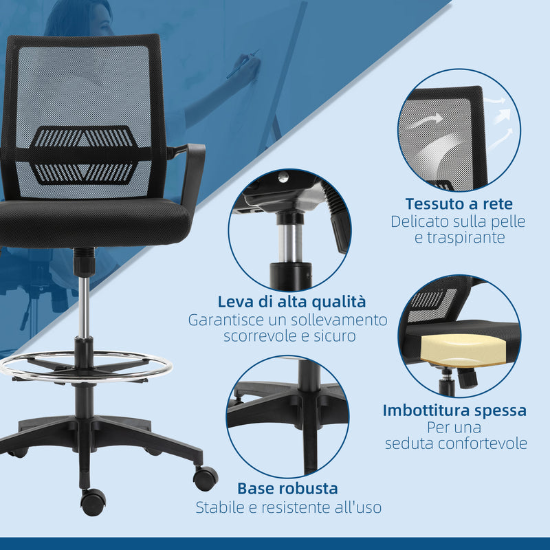 Sedia da Ufficio Regolabile con Braccioli e Anello Poggiapiedi 64x59x104-124 cm in Tessuto a Rete Nero  