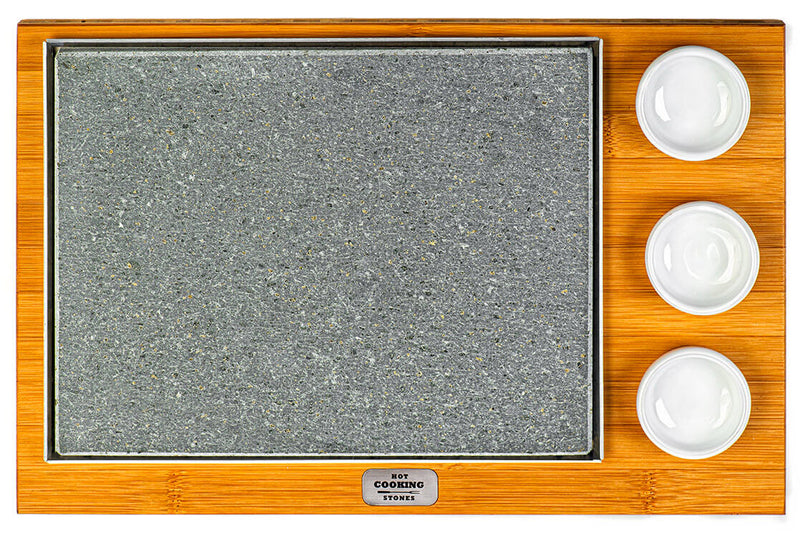 Pietra Lavica 20x25 cm con Ciotole e Supporto in Legno di Bamboo