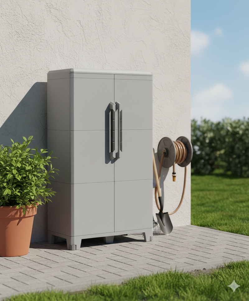 Armadio Portascope Modulare da Esterno 78x43,6x143 cm 2 Ante 2 Ripiani in Polipropilene Transforming Grigio e Nero