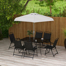 Set Tavolo con Top in Vetro 6 Sedie Pieghevoli e Ombrellone a Manovella da Giardino in Metallo e Rete Grigio e Nero