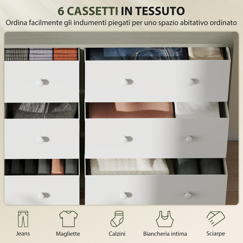 Cassettiera con 6 Cassetti in Tessuto 114x30x70 cm con Maniglie Doppie Struttura in MDF Bianco e Grigio  