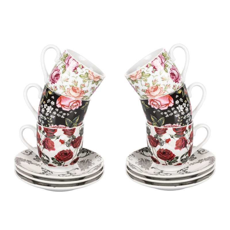 Set 6 Tazzine da Caffè con Piattino Ø5,5x6 cm in Porcellana VdE Tivoli 1996 Rose Baroque